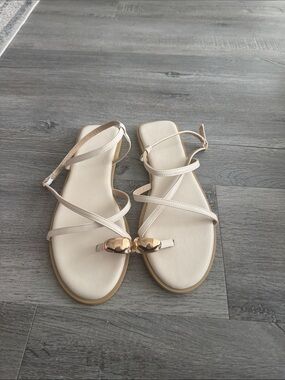 Beige Strappy Sandals with Gold Accent